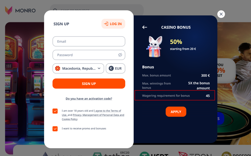 Пример за обртни барања кај Monro Casino